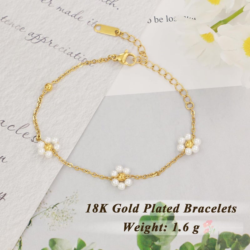 DAYANEY Pearl Bracelets for Women, Gold Bracelet Silver Pearl Jewelry as Valentines Gifts for Girls, Dainty Daisy and Heart Braclets Cute Floral Prom Jewelry for Bridesmaid Brazaletes Para Mujer - Image 2